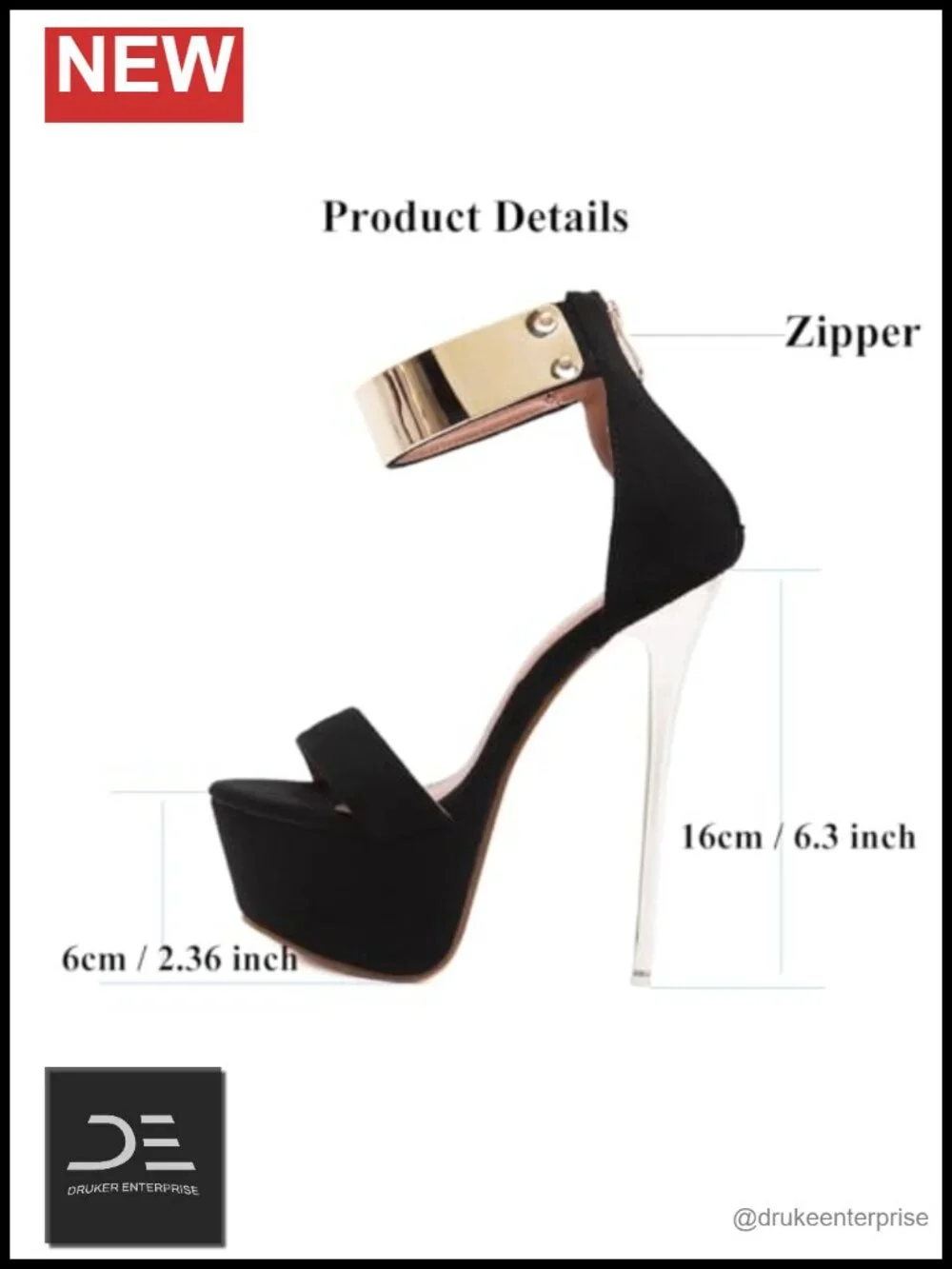 Black Platform Heeled Sandals for Women 6.3 Inch Open Toe Zipper Ankle Strap